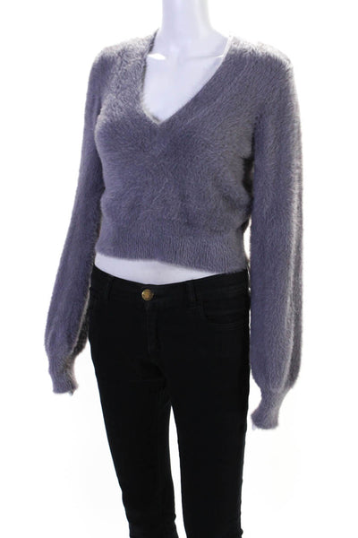 Sunday Best Womens V Neck Cropped Fuzzy Pullover Sweater Purple Size Small