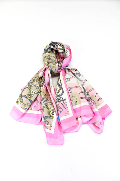 J. Mclaughlin Womens Stirrup Printed Satin Square Scarf Pink White Multi