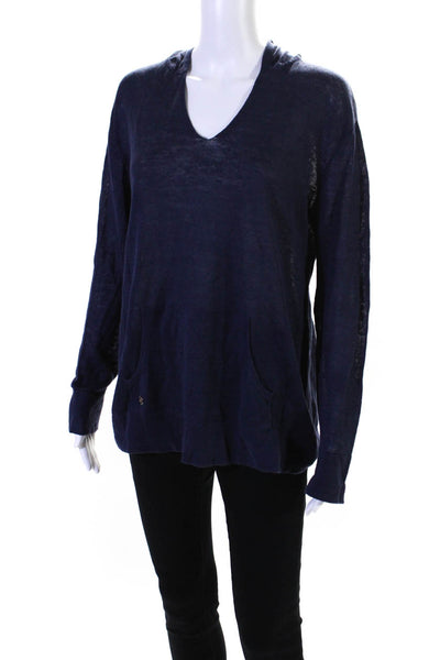 Lilly Pulitzer Womens Pullover V Neck Hooded Linen Knit Sweatshirt Navy Small