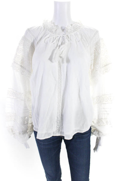 Elan Womens Cotton Long Sleeve V Neck Embroidered Blouse White Size M