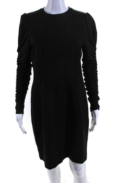 Elie Tahari Womens Ruched Long Sleeve Crewneck Midi Sheath Dress Black Size 8