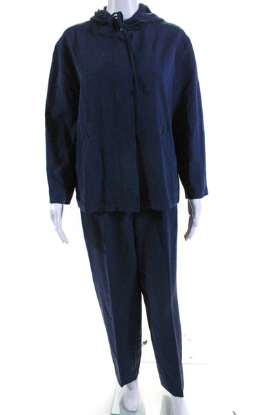 Les Copains Womens Wool Hooded Top Pleated Front Pants Set Navy Blue Size 44