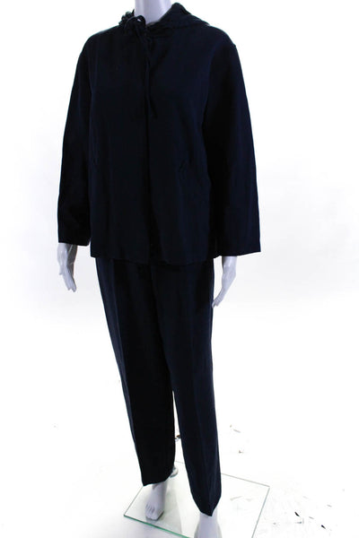 Les Copains Womens Wool Hooded Top Pleated Front Pants Set Navy Blue Size 44