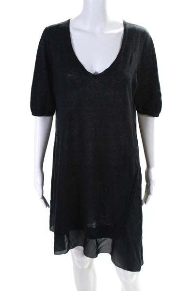 Eileen Fisher Women's V-Neck Short Sleeves Mini Sweater Dress Black Size L