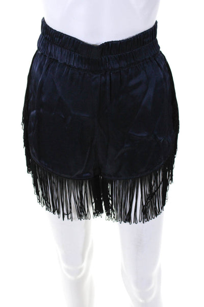 Ganni Womens Saton Elastic Waist Fringe Trim Mini Shorts Blue Size S