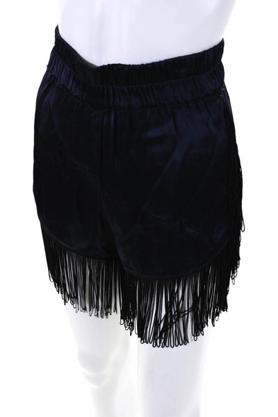 Ganni Womens Saton Elastic Waist Fringe Trim Mini Shorts Blue Size S