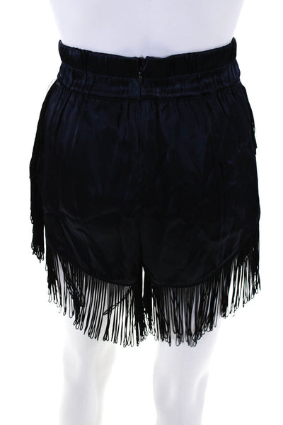 Ganni Womens Saton Elastic Waist Fringe Trim Mini Shorts Blue Size S