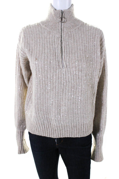 Design History Womens Half Zip Sequin Embellished Ribbed Pullover Beige Size XS