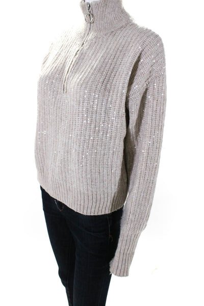 Design History Womens Half Zip Sequin Embellished Ribbed Pullover Beige Size XS