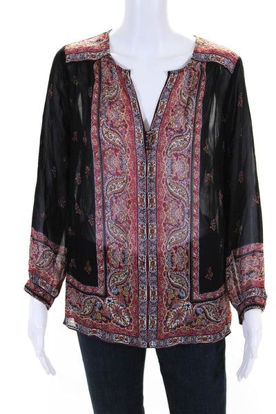 Joie Womens Silk Long Sleeve Paisley Print V Neck Tunic Blouse Black Red Size XS