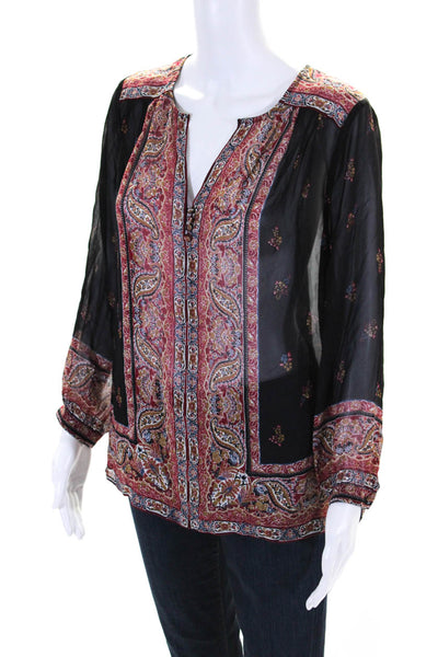 Joie Womens Silk Long Sleeve Paisley Print V Neck Tunic Blouse Black Red Size XS