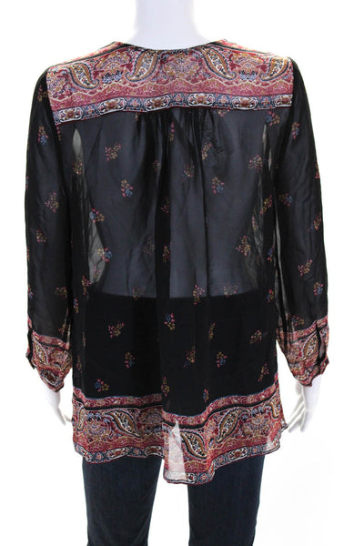 Joie Womens Silk Long Sleeve Paisley Print V Neck Tunic Blouse Black Red Size XS