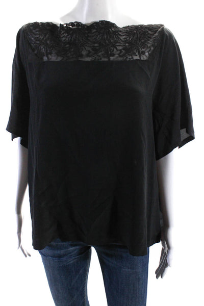 Eileen Fisher Women's Round Neck Lace Trim Short Sleeves Blouse Black Size XL