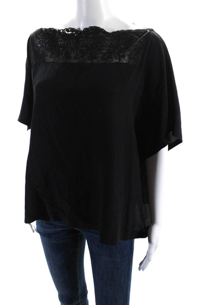 Eileen Fisher Women's Round Neck Lace Trim Short Sleeves Blouse Black Size XL