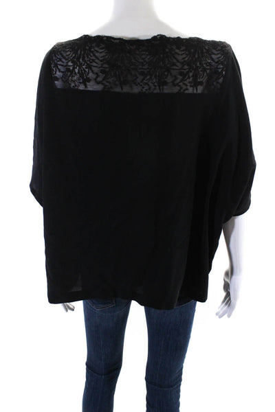 Eileen Fisher Women's Round Neck Lace Trim Short Sleeves Blouse Black Size XL