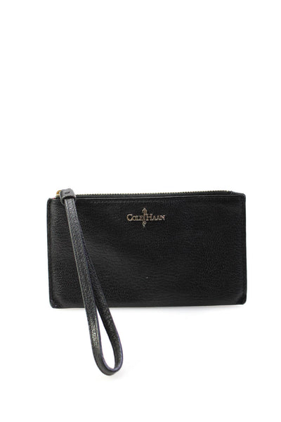 Cole Haan Womens Zip Top Grain Leather Logo Small Wristlet Handbag Black