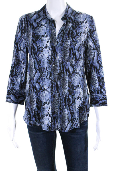 L Agence Womens Button Front 3/4 Sleeve Snakeskin Print Shirt Blue Black Small