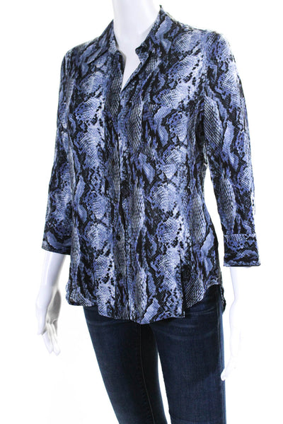 L Agence Womens Button Front 3/4 Sleeve Snakeskin Print Shirt Blue Black Small