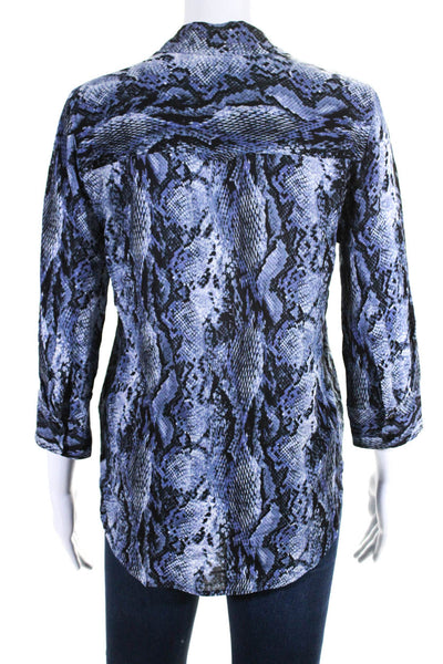 L Agence Womens Button Front 3/4 Sleeve Snakeskin Print Shirt Blue Black Small