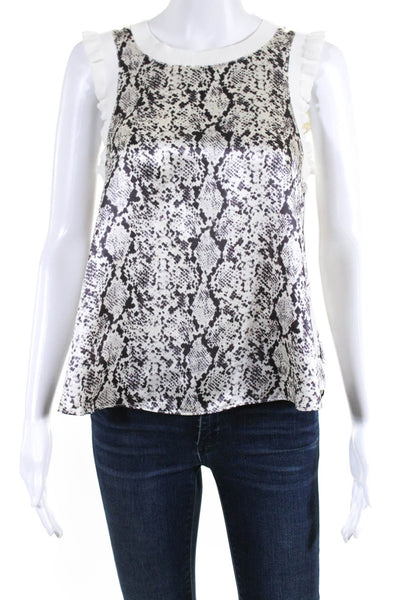 Cinq A Sept Womens Scoop Neck Ruffled Silk Snakeskin Print Top White Gray XS