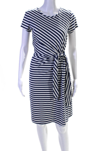 J. Mclaughlin Womens Short Sleeve Round Neck Stripe Shift Dress White Navy Small