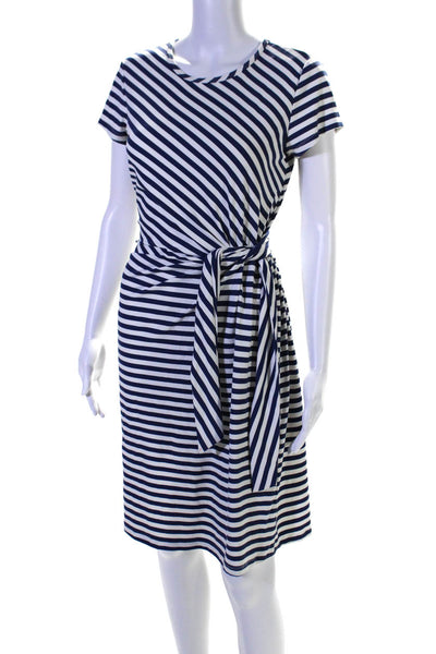 J. Mclaughlin Womens Short Sleeve Round Neck Stripe Shift Dress White Navy Small