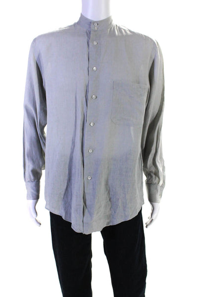 Vestimenta Mens Button Front Long Sleeve Crew Neck Linen Shirt Gray Size 15