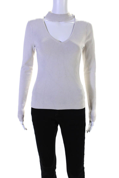 Autumn Cashmere Womens Ribbed Long Sleeve V Neck Choker Blouse Cream Size S