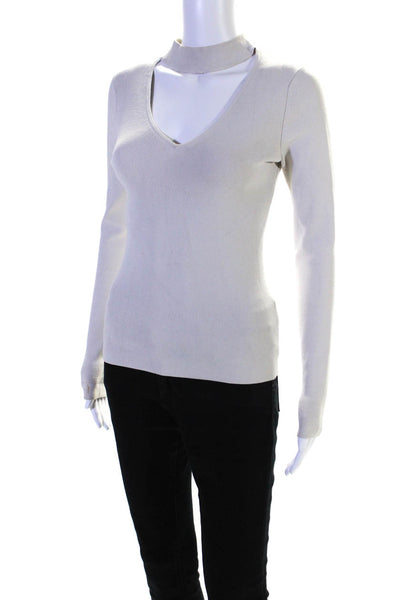 Autumn Cashmere Womens Ribbed Long Sleeve V Neck Choker Blouse Cream Size S