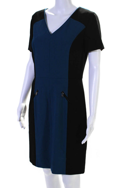 Marc New York Andrew Marc Womens Colorblock V-Neck Zip Shift Dress Blue Size 8