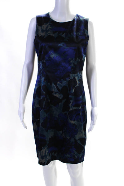 Tahari Womens Floral Print Darted Zipped Round Neck Sheath Dress Blue Size 8