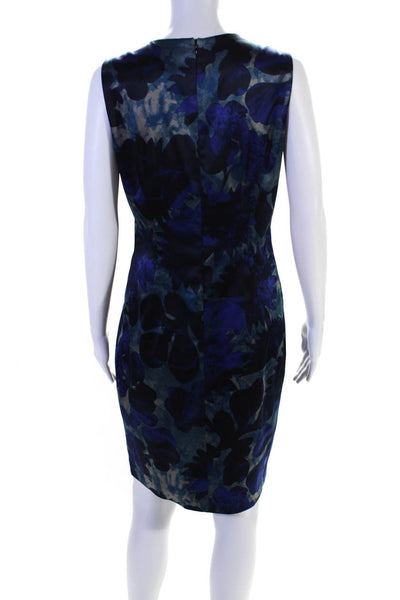 Tahari Womens Floral Print Darted Zipped Round Neck Sheath Dress Blue Size 8