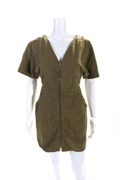 ALC Womens Front Zip Short Sleeve V Neck Mini Sheath Dress Brown Cotton Size 4