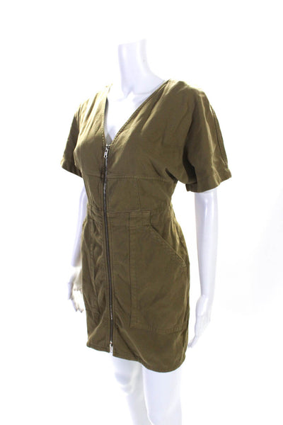 ALC Womens Front Zip Short Sleeve V Neck Mini Sheath Dress Brown Cotton Size 4