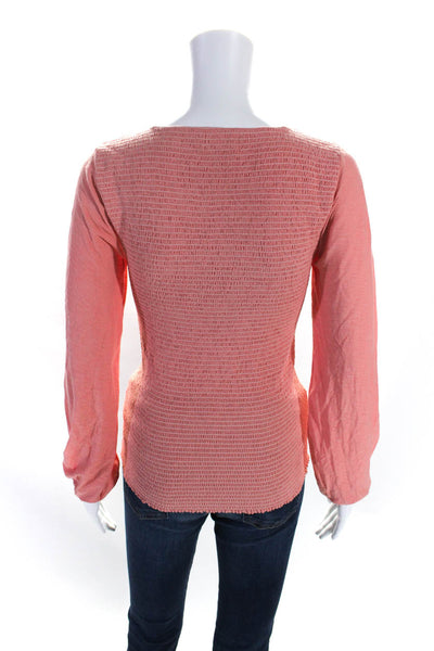 Nation LTD Womens Long Sleeve Smocked V Neck Tee Shirt Pink Cotton Size Small