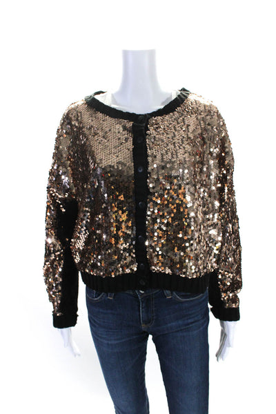 Relish Womens Button Front Knit Trim Sequin Mesh Jacket Brown Black Size 1