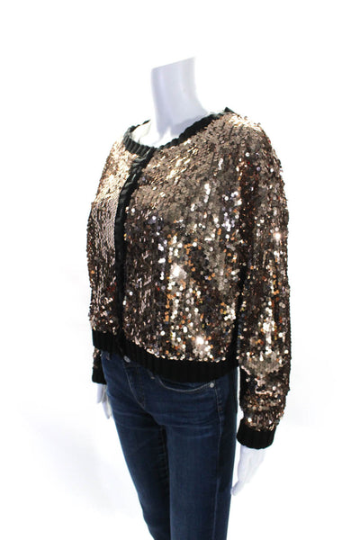 Relish Womens Button Front Knit Trim Sequin Mesh Jacket Brown Black Size 1