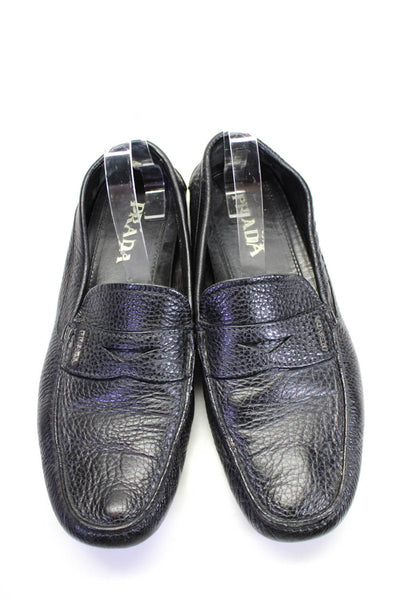 Prada Mens Pebbled Leather Silver Tone Slide On Driving Loafers Black Size 9.5