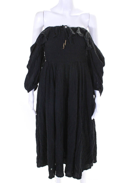 Free People Womens Black Cotton Off Shoulder Long Sleeve Shift Dress Size S