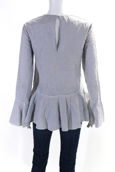 Theory Womens Blue Cotton Striped Crew Neck Bell Long Sleeve Blouse Top Size P