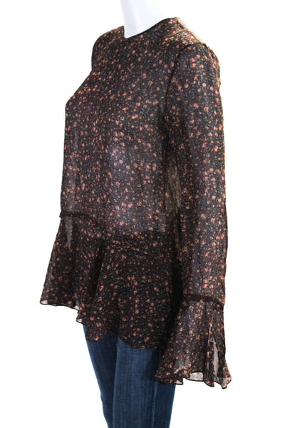 Theory Womens Red Floral Printed Crew Neck Bell Long Sleeve Blouse Top Size 4