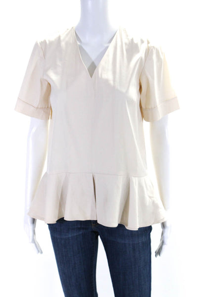 Theory Womens Beige Cotton V-Neck Short Sleeve Peplum Blouse Top Size S