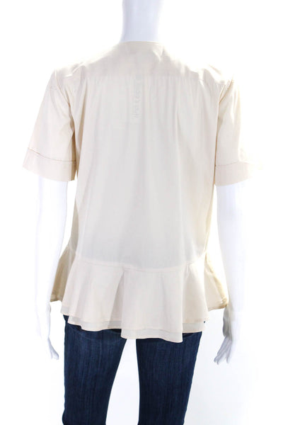 Theory Womens Beige Cotton V-Neck Short Sleeve Peplum Blouse Top Size S