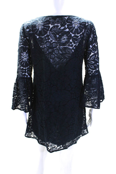 Elizabeth & James Womens Long Sleeve Lace Mini Shift Dress Navy Blue Size 2