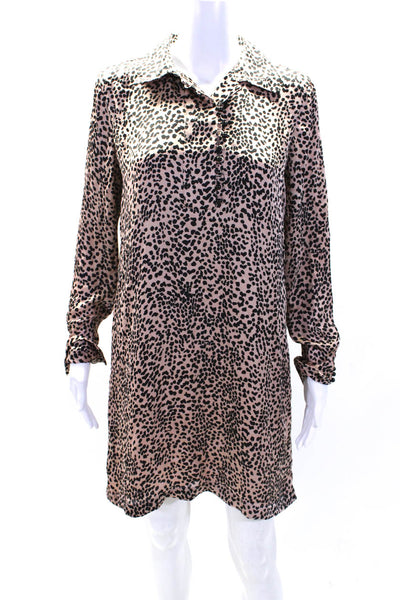 Equipment Femme Womens Leopard Print Satin Mini Shirt Dress Black Beige Small