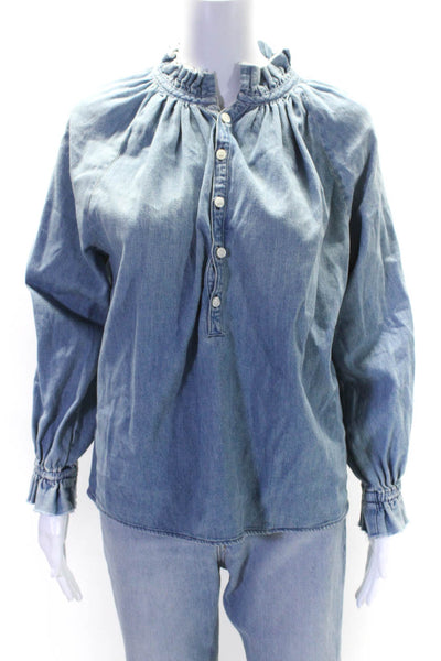 Citizens of Humanity Women's Ruffle Neck Long Sleeves Denim Blouse Size XS