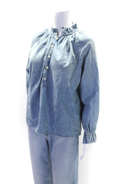 Citizens of Humanity Women's Ruffle Neck Long Sleeves Denim Blouse Size XS