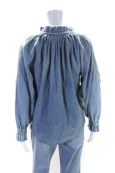 Citizens of Humanity Women's Ruffle Neck Long Sleeves Denim Blouse Size XS