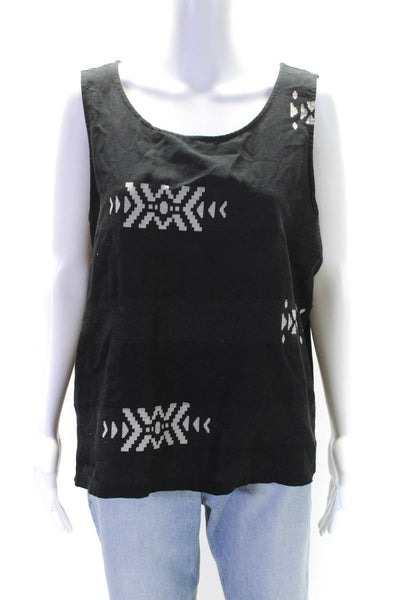 Eileen Fisher Womens Sleeveless Scoop Neck Ikat Stripe Top Black Cotton Size XL