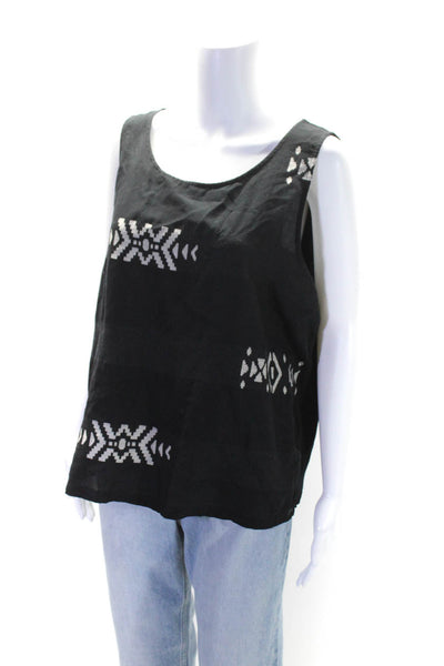 Eileen Fisher Womens Sleeveless Scoop Neck Ikat Stripe Top Black Cotton Size XL